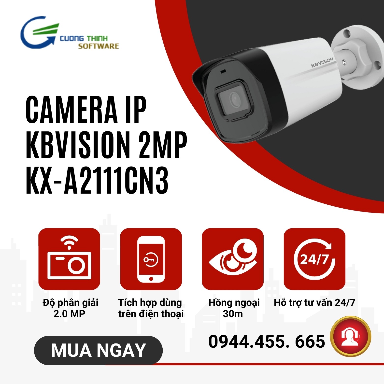 Camera IP thân ngoài trời 2MP KBVISION KX-A2111CN3