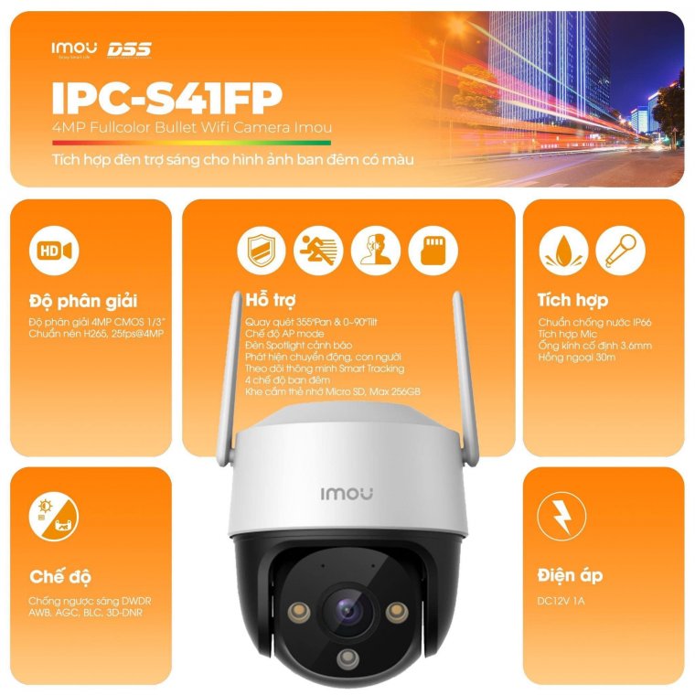 camera Wifi lắp đặt ngoài trời 4MP Có Màu Ban Đêm Camera IPC-S41FP 4MP