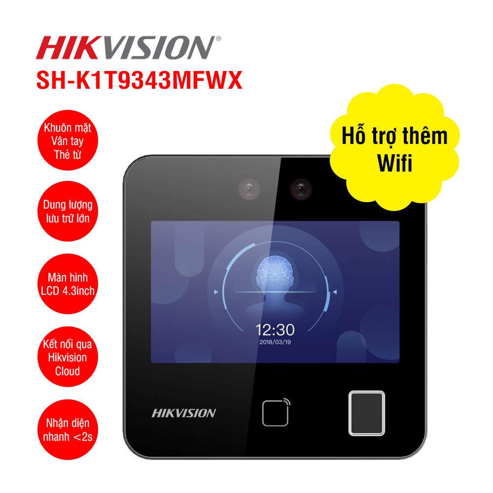 Máy Chấm Công Khuôn Mặt Hikvision SH-K1T9343MFWX - Kết Nối Wifi