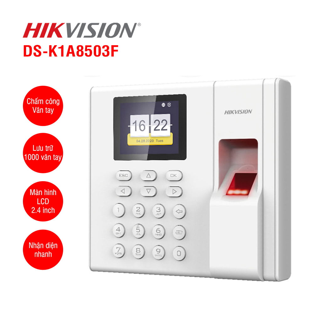 Máy Chấm Công Vân Tay Màn Hình LCD 2.4 inch Hikvision DS-K1A8503F